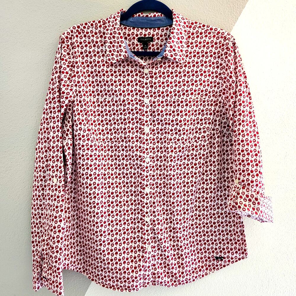 Talbots apple novelty print button front shirt 16